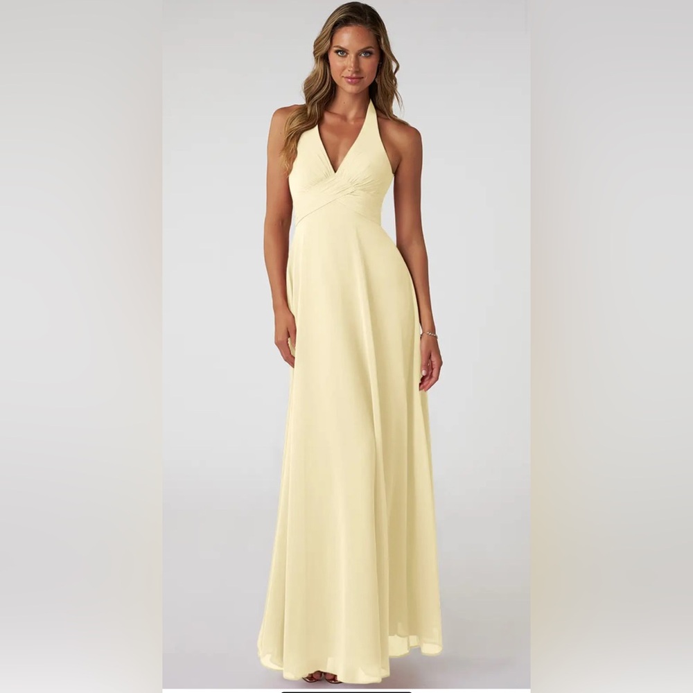 Azazie Tessie Lemon Sorbet A-Line V-Neck Pleated Chiffon Dress Size 4